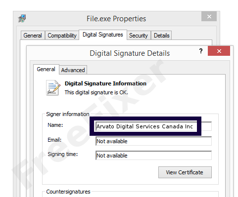 Screenshot of the Arvato Digital Services Canada Inc certificate